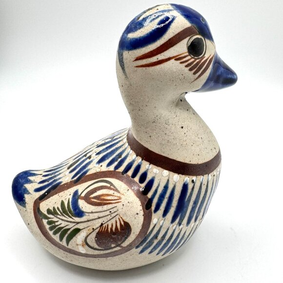 Tonala Mexican Folk Art Pottery Duck Figurine Signed Hand-Painted Blue Brown Vtg - Picture 6 of 7